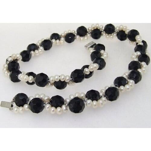 Handmade Real Pearl Jewelry,White Freshwater Cultured Pear Black Agates stone Beads Necklace 42cm Charming Women Gift