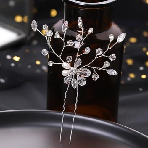 Trendy Pearl Hairpins For Bride Women Crystal Wedding Hair Accessories Tiaras Hair Clips Sticks Silver Color Handmade Jewelry