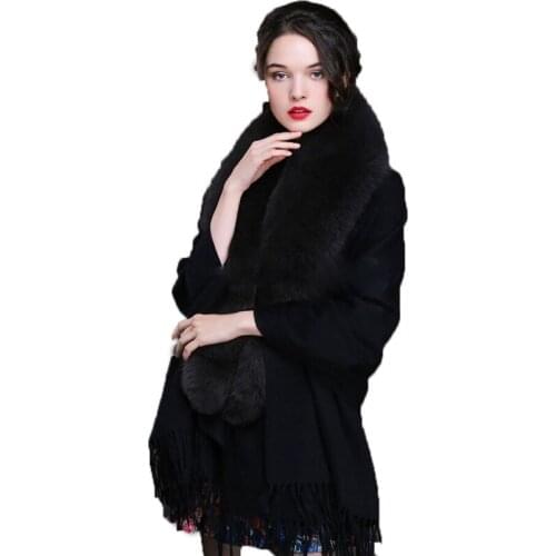 Shawl Women 100% Real Wool 100% Real Fur Cape Fox Fur Wraps Female Scarf Coat Lady Elegant Cloak