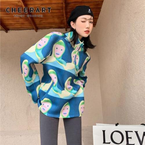 CHEERART Designer Sweatshirt Women Oversized Hoodie Turtleneck Cartoon Print Pullover Streetwear Aesthetic 2020 Fall