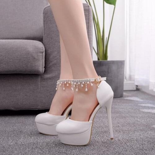 2020 Newest Shoes Ankle Strap Rhinestone 14CM Thin High Heels Women Pumps Woman Crystal Party Wedding Shoes 5CM Platform H0073