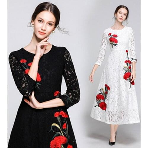 Runway Design Elegant Lace Long Dress Females Rose Embroidery O Neck 3/4 Sleeve Maxi Party Dresses Autumn Woman Clothing M68275