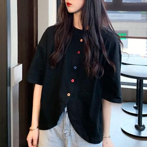 40#Womens Retro Blouses Loose Color Button O-neck Short Sleeve Shirt Irregular Spring Elegant Top Korean Sweet Blouse блузка