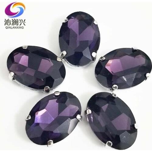 Deep purple oval shape High quality Glass Crystal flatback sew on claw rhinestones with holes,Diy/Clothing accessories SWT16