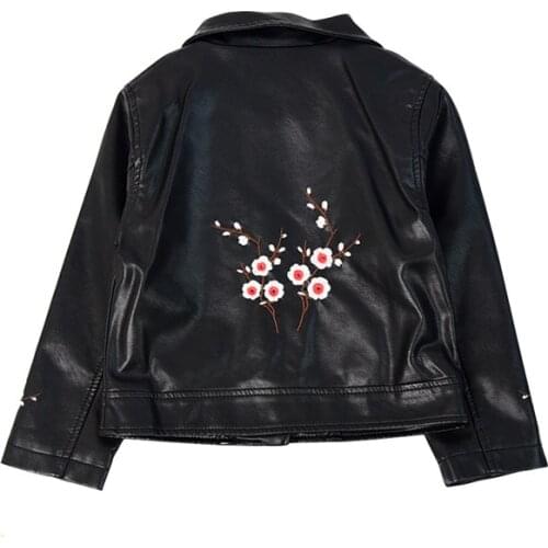 Girls' short coat, childrens embroidered leather jacket, long sleeve PU leather coat