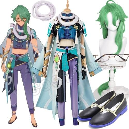 Genshin Impact Cosplay BAIZHU Cosplay Costume Baizhu Wig Removable Bun Baishu Green Long Straight Braided Ponytail Hairs Shoes