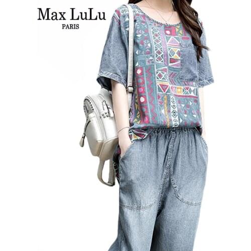 Max LuLu 2021 Summer Fashion Suits Women Casual Denim Two Pieces Sets Girl Printed Vintage Tops And Cuffs Harem Pants Plus Size