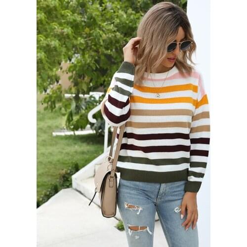 Fashion Womens Striped Knitted Pullover Sweater Spring Autumn O-Neck Sweater Womens Casual Loose Pullover Jumper Pull Plus Size