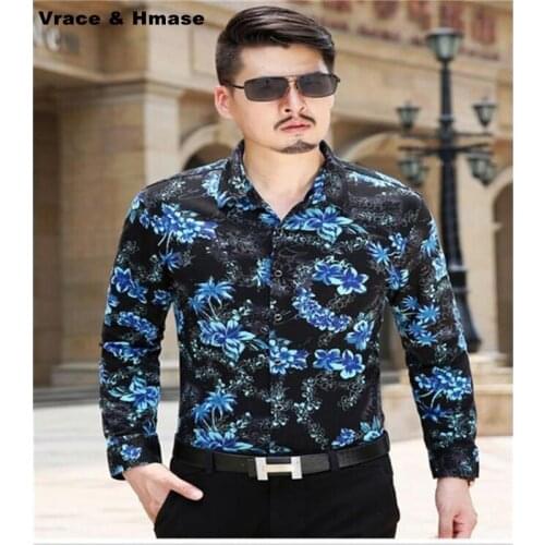 Personalized flower printing fashion casual long sleeve men shirt New arrival 2017 Spring mercerized cotton quality shirt M-XXXL