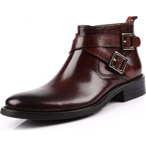 Men Boots Genuine Leather Double Buckle Black Brown Male Ankle Boots Shoes Motorcycle Biker High Quality Footwear Large Size