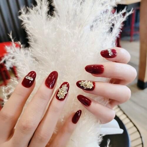 24Pcs Red Wine 3D Rhinestone False Nails Wearable Fake Nails Press On Round Head Full Cover Detachable Finished Fingernails NN