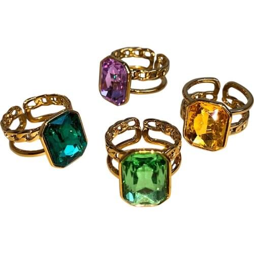 New Cute Candy Style Gold Plated Ring 4 Colors Square Crystal Stone With Chain Link Design Double Cuff Open Rings For Women
