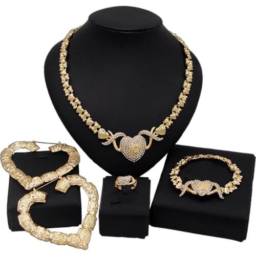 Yulaili Hot Selling Kit Heart Shaped Gold Color Necklace Big Earrings Bracelet Ring Wedding Engagement Jewelry Sets Wholesale