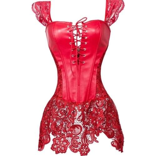 Sexy Women Gothic Corset Bustier Dress Faux Leahter Lace Strap Waist Cincher Steampunk Shaper Underwear Lingerie Red Plus Size