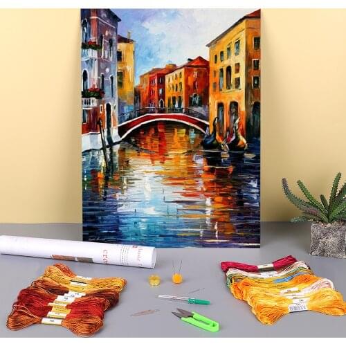Canal In Venice Printed Water-Soluble Canvas 11CT Cross-Stitch Patterns DIY Embroidery DMC Threads Hobby Craft Sales