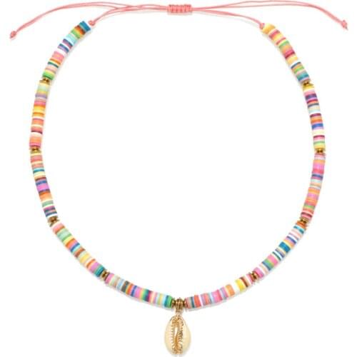 Multicolored 6mm Polymer Clay Heishi Cowrie Seashells Adjustable Necklace Women Girl Record Discs Button Bead Surfer Jewelry