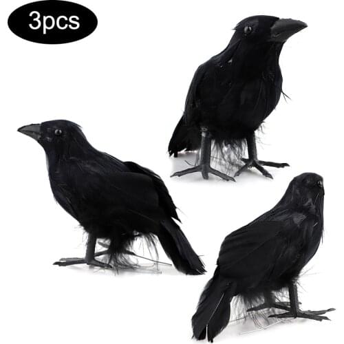 3pcs Black Feathered Raven Halloween Decoration Hunting Realistic Scary Prop Outdoor Scarecrow Garden Yard Pest Deterrent Decoy