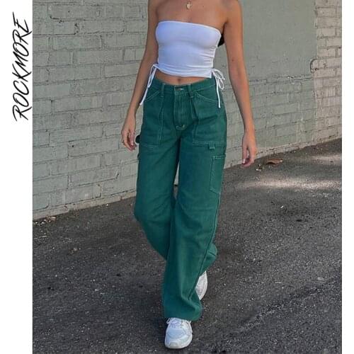 Rockmore Green Vintage Cargo Jeans Women Cotton Baggy Straight Pants Streetwear Pockets High Waist Wide Leg Denim Trousers 2021