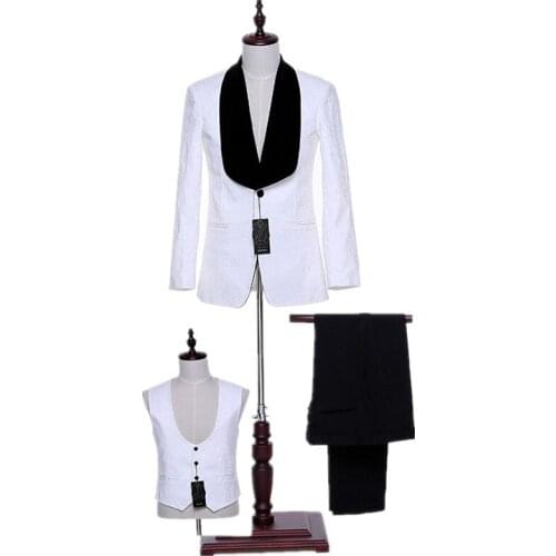 New Design White Floral Groomsmen Shawl Lapel Groom Tuxedos Mens Classic Suits Wedding Formal Best Man Blazer Jacket+Pants+Vest