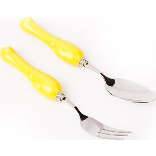 2PCS Home Kitchen Flatware Supplies Golden Goose Tableware Set Stainless Steel Ceramic Spoon Fork Cutlery Set Dinnerware Set