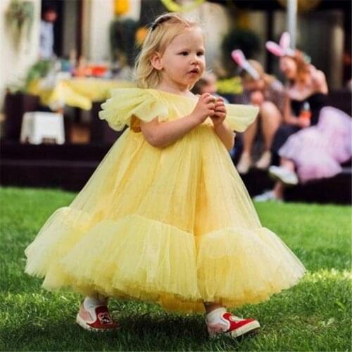 Tulle Flower Girl Dresses Yellow Girl Wedding Party Dress Ribbons Communion Dress Christmas Party Dress