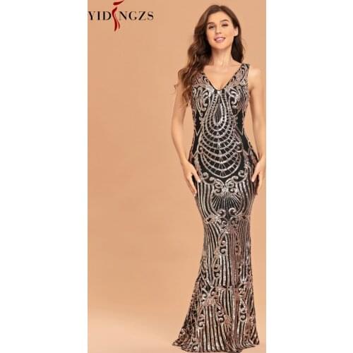 YIDINGZS New Elegant V Neck Sleeveless Party Dress Women Evening Dress Simple Black Gold Sequin Dress