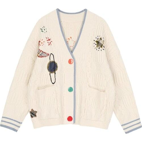Autumn New Womens Knitted Cardigan Jacket Planet Embroidery Thick Winter Warm Single-breasted Preppy Style Sweater Jacket
