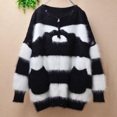 Ladies women fashion hairy plush mink cashmere striped long sleeves loose zipper oversized cardigans angora fur jacket coat pull