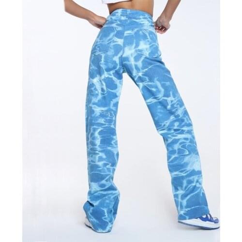 2021 Womens High Waist Jeans Fashion Blue Ripple Pattern Straight-leg Pants, Wild Street Casual Fashion Trend Denim Trousers