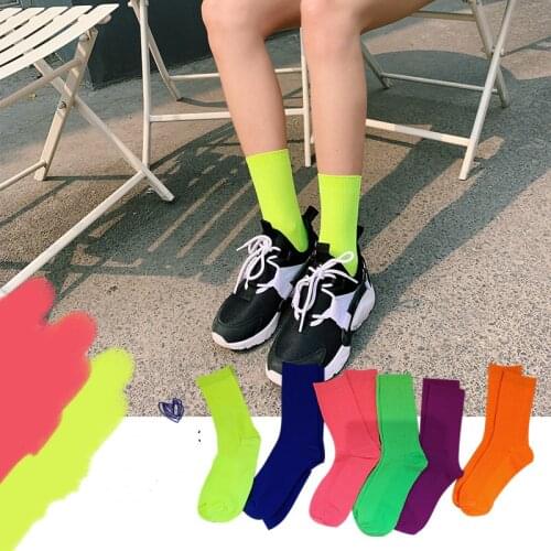 Pure Cotton Women Crew Socks Fashion Solid Candy Color Fluorescence Socks Spring Autumn High Quality Long Sock 3pairs