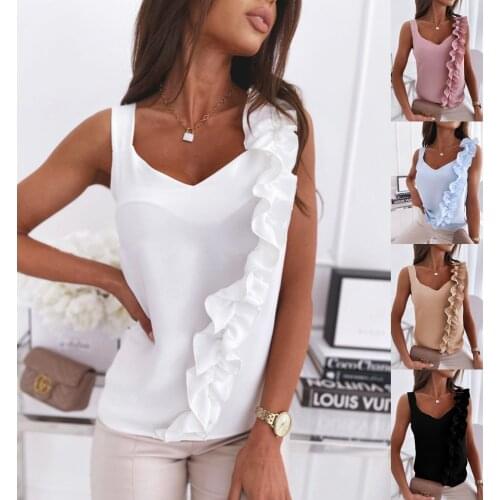 Women 2021 Summer Simple Sleeveless V-neck Backless Ruffle Top Shirt Female Pullover Slim Fit Sling Top