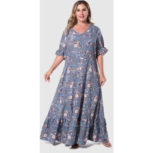 XL-4XL Plus Size Women Dress V-neck Ruffle Floral Print Modest Maxi Long Dress Elegant Robe Loose Abaya Vestidos Party Gown