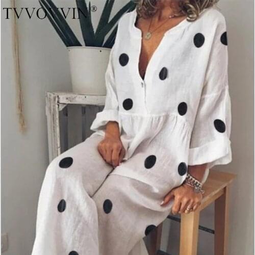 TVVOVVIN 5 Colors S-5xl Plus New 2020 Summer European Style Full Sleeve Print Dots V-neck Ankle-length Women Loose Dress F336