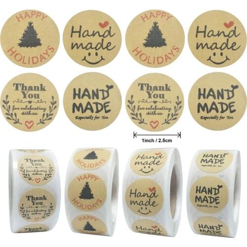 500PCS 2.5cm Kraft Paper Sticker Handmade with Love Happy Holiday Baking Packaging Sealing Label Decoration