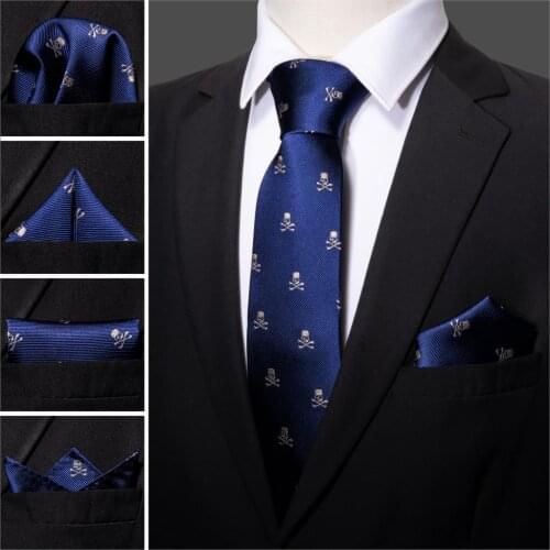 Fashion Designer Navy Skull Men Tie Set 8.5cm Silk Handkerchief Ties For Men Gift Wedding Business Barry.Wang Gravata Necktie