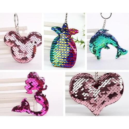 100pcs/lot Large Sequins Heart Dolphin Pineapple Mermaid Keychain Bag Charms Pendant Keyring DIY Jewelry Making Findings