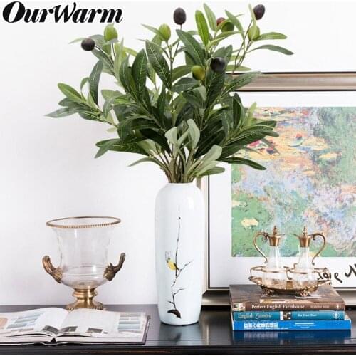 OurWarm Artificial Olive Leaf Green Plant Fruits Branches Fake Leaves Home Vase Decor Bridal Bouquet Greenery Wedding Decoration
