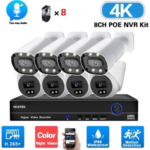 8CH 4K POE Security Camera System Outdoor Two Way Audio Color Night Vision CCTV Video Surveillance Camera Kit XMEYE NVR Kit 8MP