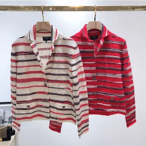 2020 Winter Fashion Womens Sweater Button Up V-Neck Pockets Casual Wool Cashmere Cardigans Single Breasted Sweater Striped