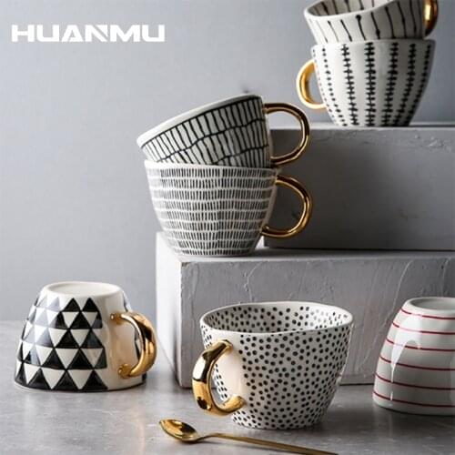 Creative Geometric Ceramic Mugs With Gold Handle Handmade Coffee Cups Irregular Shaped Tea Milk Mug Cup Unique Gifts Home Decor