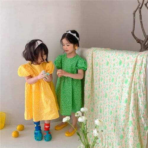 Summer 2021 baby girls floral short sleeve dress hollow back bow cotton casual loose kids little princess dresses