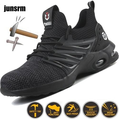 Fashion safety shoes mens fly woven mesh breathable lightweight sports casual anti-smashing and anti-piercing work shoes