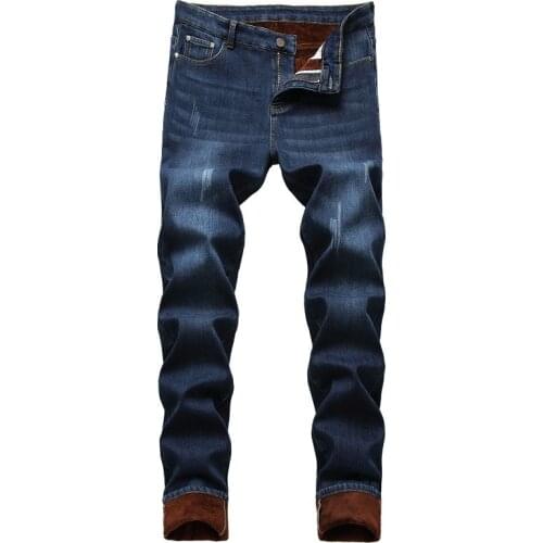 2020 Winter New Casual Mens Warm Slim Fit Jeans Business Thicken Denim Trousers Fleece Stretch Pants Brand Black Blue Jeans