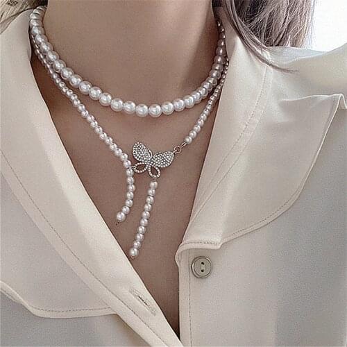 MWSONYA New Fashion Rhinestone Butterfly Pendant Pearl Necklace for Women Pearl Chain Temperament Necklace Holiday Jewelry Gift