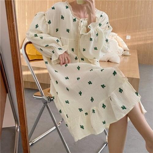Cactus Print Nightgown Sleepwear Lace Ruffles Long Sleeve Spring Nightdress Single Breasted Homewear Loose Cotton Soft O-Neck