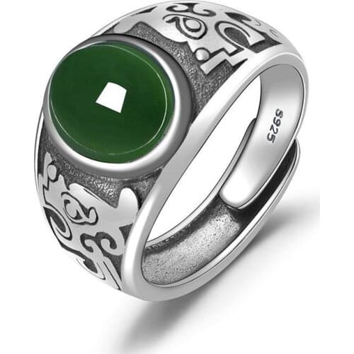 Original innovative product natural Hetian jade ring retro emerald opening adjustable ring exquisite mens silver jewelry