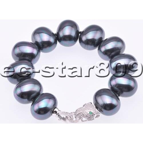 P6785 8" 20mm Peacock-Black Egg Shell Pearl Bracelet Cougar CZ
