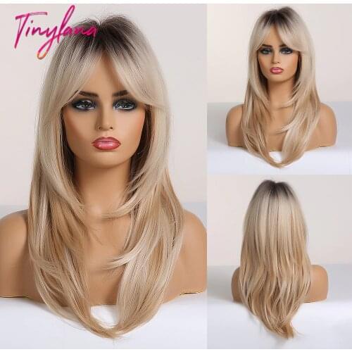 TINY LANA Black to Blonde Omber Wigs with Bangs Wavy Synthetic Hair Wigs for Women Medium Length Layered Cosplay Heat Resistant