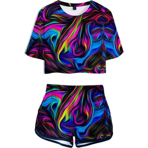 Popular Colorful Psychedelic Two Pieces sets Tie Dye Flashbacks T-shirts shorts Pants Dew navel Sport Girls Short Sleeve Suits
