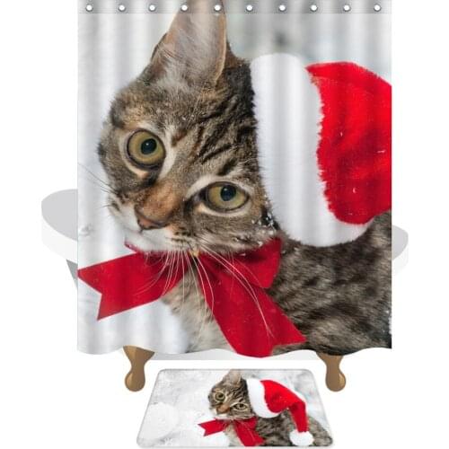 Christmas cat European and American Bath shower curtains + Mat Custom Design Creative Shower Curtain Bathroom Drop Shipping